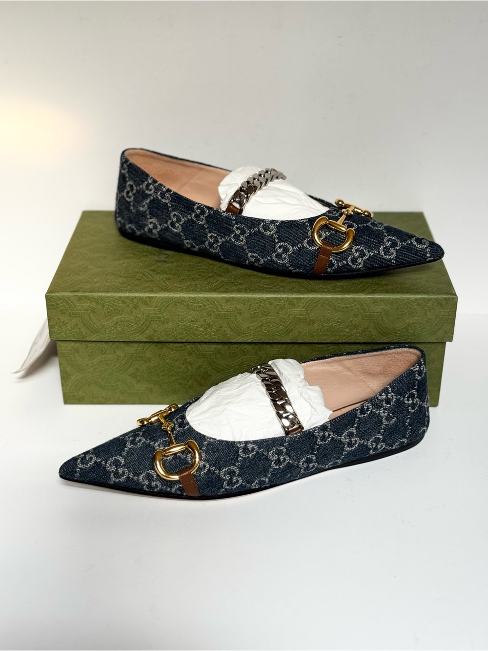 Gucci Women’s Navy GG Denim Pointed Horsebit Chain Loafers Size 9